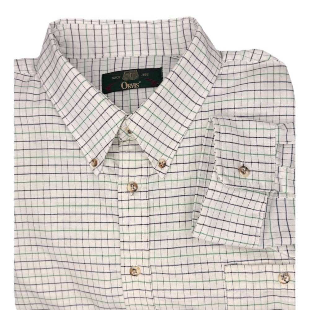 Orvis Mens XXL White Navy Green Windowpane Check Long Sleeve Button Down Shirt
